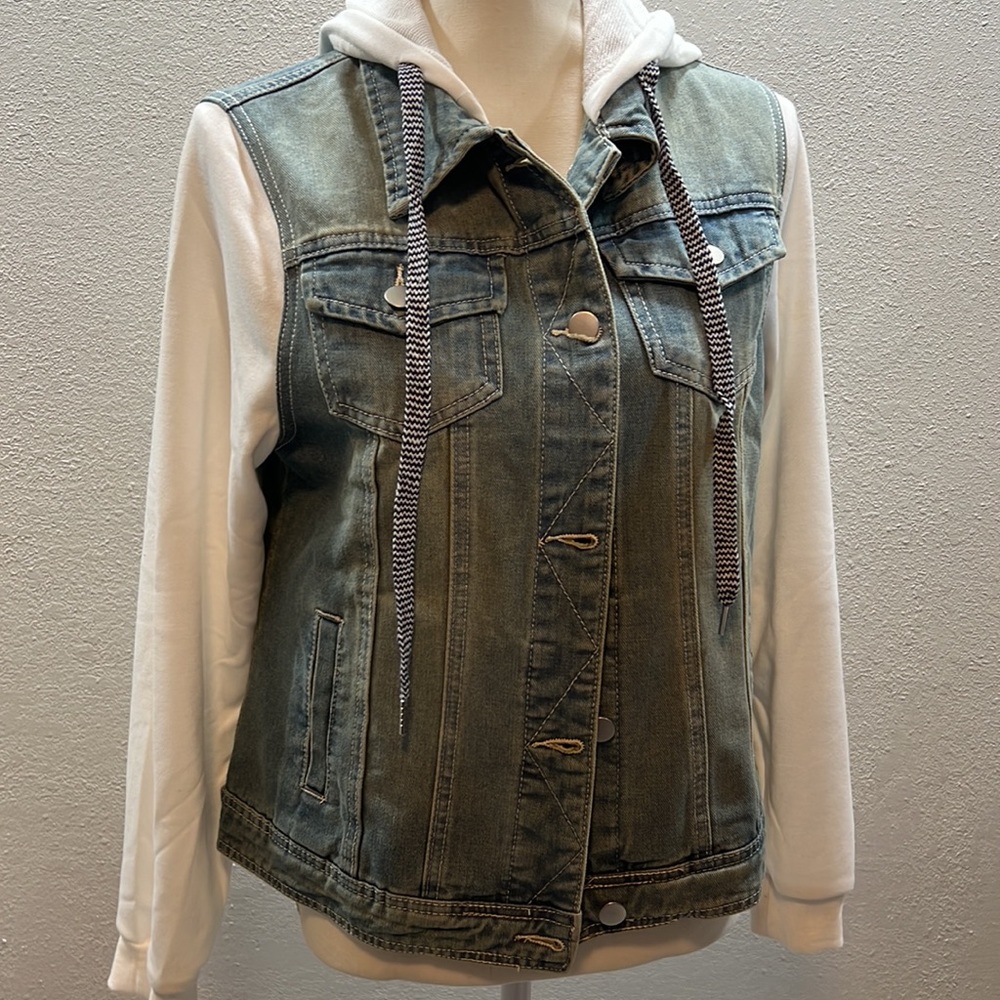 Allegra K Blue Jean Jacket with White Sleeves